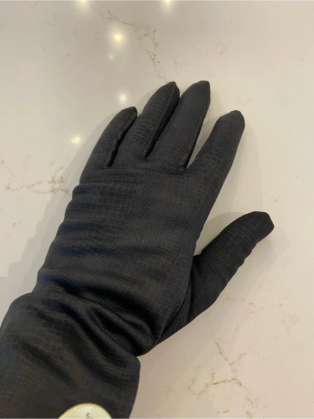 Vintage Black Stretch Nylon Gloves Size B 7.5” - 8” Textured 1970’s NEW USA Made
